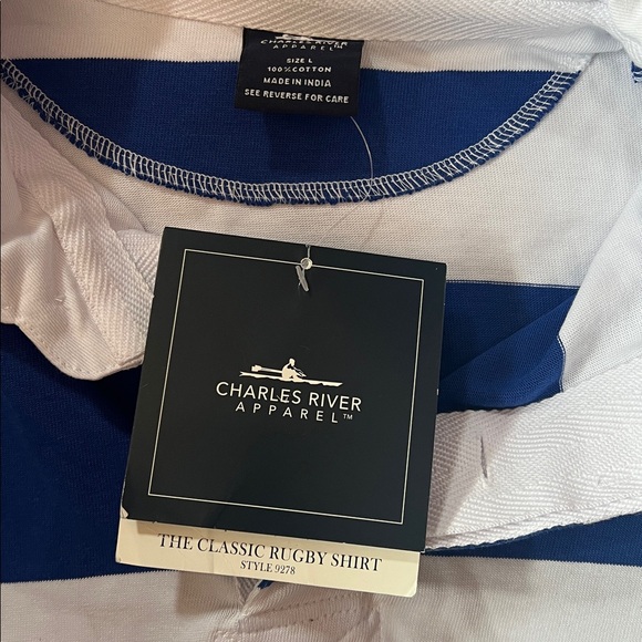 NWT- Charles River Apparel Men's Long Sleeve Shirt - Navy and White Stripes - Picture 4 of 5